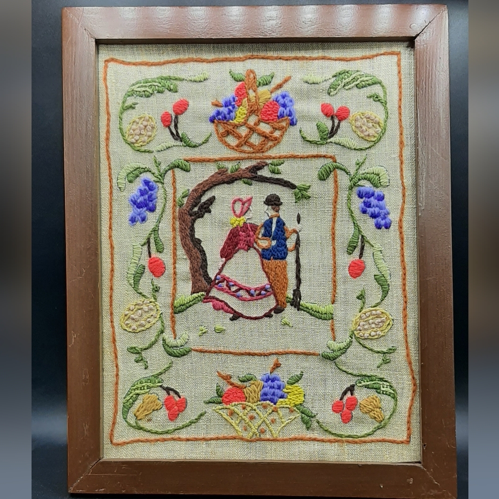 VTG Handmade Crewel Embroidered Courting Couple Framed 1970's Wall Artwork